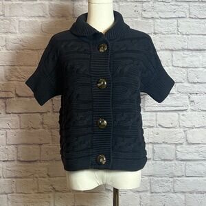 Talbots Short Sleeve Cable Knit Button Front Sweater Black small petite